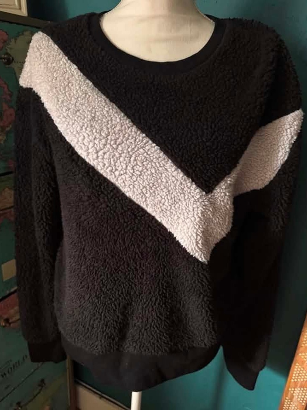 Pony Black Sherpa Pullover with Cream Chevron